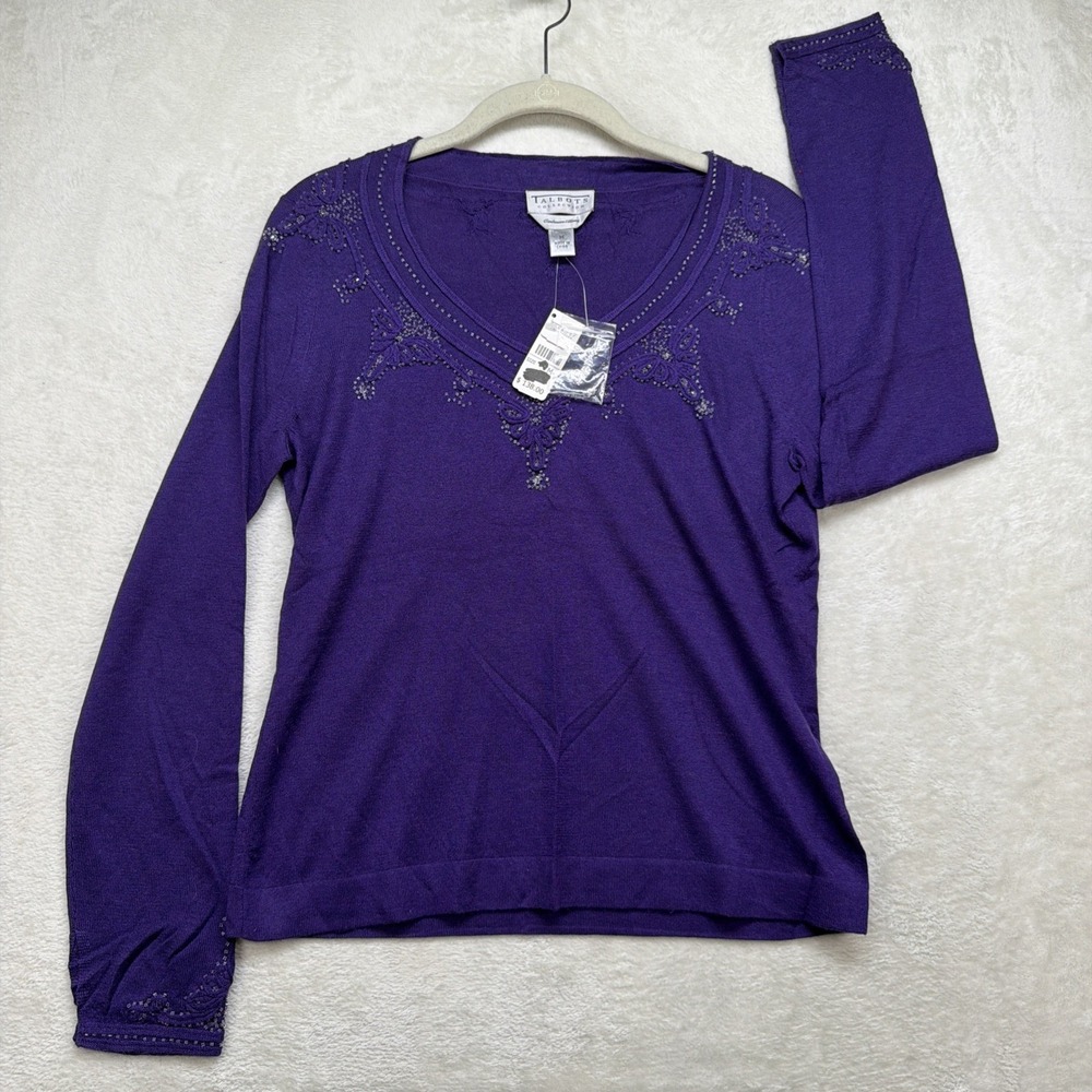 Vintage Talbots Silk Cashmere Beaded‎ Sweater Womens M Purple NWT